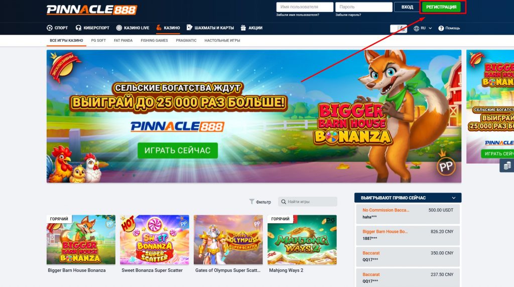 Кнопка регистрации в казино Пинакл888